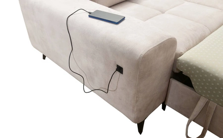 Narożnik z funkcją spania Buffalo VIII ciemny beżowy prawostronny wysokiej klasy narożnik z pojemnikami wysoka jakość wykonania