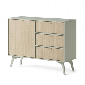 Komoda z szufladami Wald 106 cm eukaliptus / beż jodełka gustowny dekor jodełki na frontach komody designerskie uchwyty krawędziowe