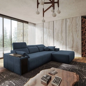 Narożnik z funkcją spania Tesalia niebieski prawostronny nowoczesny design komfortowe przesuwane oparcie szuflada w boczku mebla