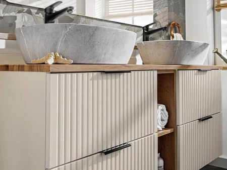 Szafka pod umywalkę Adeel 60 cm beżowa starannie wykonana szafka odporna na działanie wilgoci pionowe ryflowania na frontach