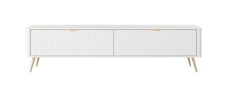 Szafka RTV Lante 200 cm biała nowoczesny design bryła osadzona na wysokich nogach ryflowany front charakterystyczny owalny kształt