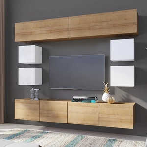 Meblościanka Apulia XVI biały połysk / dąb złoty wyjątkowo stylowa meblościanka proste bryły wpisujące się w każde wnętrze