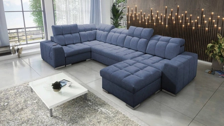 Narożnik z funkcją spania Luigi IV niebieski prawostronny elegancki narożnik do salonu wykonany z miękkiej tkaniny typu velvet