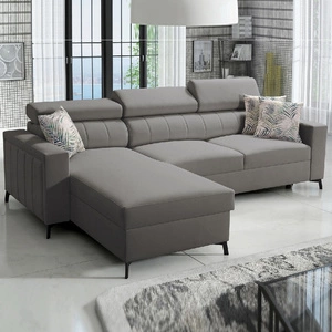 Narożnik z funkcją spania Savona szary lewostronny wygodny i elegancki narożnik z regulowanymi zagłówkami dekoracyjne przeszycia