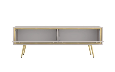 Meblościanka Nevea beżowa eleganckie meble do salonu o subtelnej kolorystyce bezuchwytowe bryły wzbogacone designerskim obrzeżem