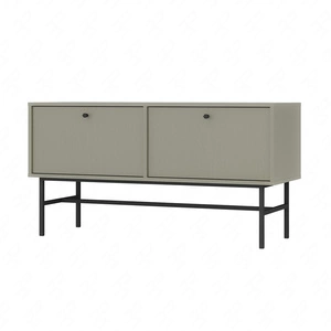 Szafka RTV Kioto III 121 cm eukaliptus elegancka szafka z drzwiami otwieranymi do dołu stonowana kolorystyka czarny metalowy stelaż