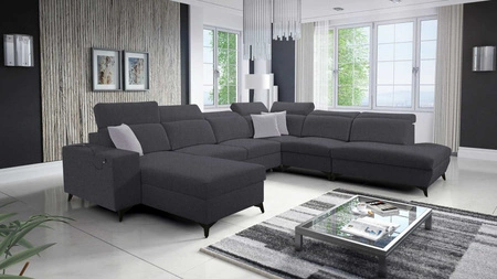 Narożnik z funkcją spania Kelly Sleek X grafitowy lewostronny niezwykle elegancki narożnik do salonu z regulowanymi zagłówkami