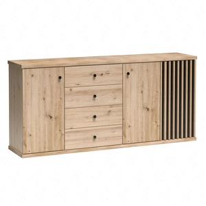 Komoda z szufladami Cali 182 cm dąb artisan / czarny elegancki i uniwersalny styl komody czarne uchwyty ozdobne lamele na drzwiach komody