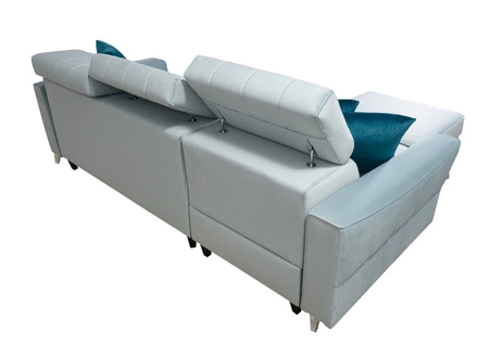 Narożnik z funkcją spania Rava miodowy lewostronny velvet komfortowy i funkcjonalny narożnik z regulowanymi zagłówkami