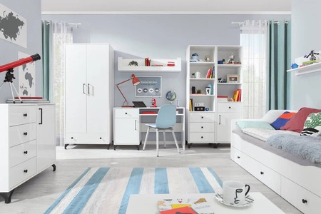 Szafa Skien 80 cm biała połysk elegancka stylistyka prosta forma mebla wzbogacona o stylowe metalowe elementy czarne nogi