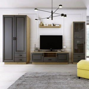 Meblościanka Style dąb artisan / szary grafit klasyczny design meblościanki z szafą stylowe frezowane fronty metalowe uchwyty