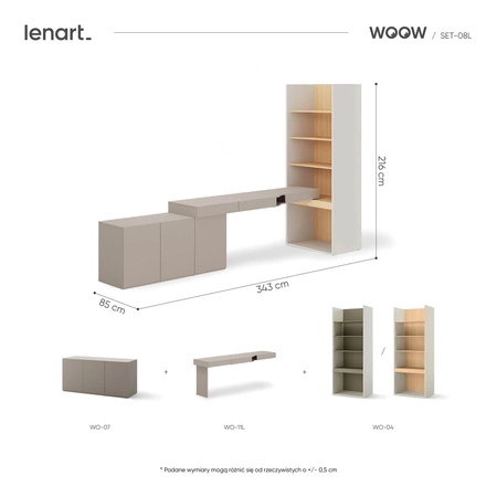 Zestaw mebli Woow clay grey / szampański / dąb vincenza bielona lewy stylowy zestaw mebli o nowoczesnym i praktycznym designie