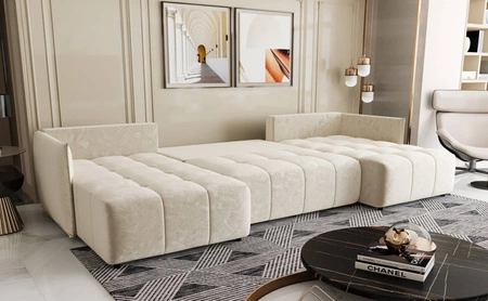 Narożnik z funkcją spania Oroso U beżowy pojemnik na pościel miękka tkanina typu velvet z powłoką hydrofobową ozdobne pikowania