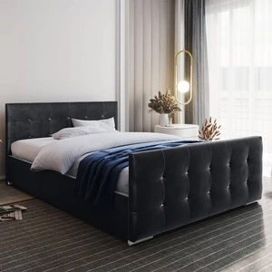 Łóżko tapicerowane Alford 160x200 grafitowe z pojemnikiem w nowoczesnym skandynawskim stylu z pikowanym zagłówkiem oraz zanóżkiem wykończone kryształkami