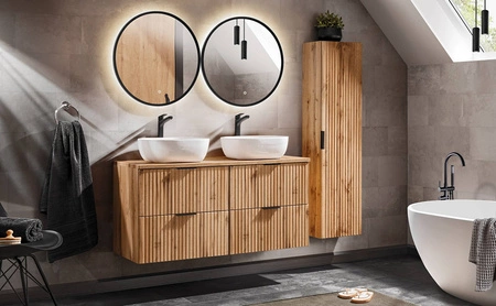 Zestaw mebli łazienkowych Adeel dąb wotan nowoczesny design zestaw z szafkami pod umywalki nablatowe meble odporne na działanie wilgoci