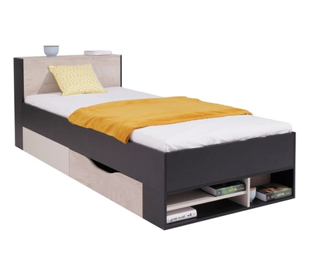 Łóżko z szufladą Niko 90x200 cm czarne / dąb / beżowe nowoczesny design łóżka wysuwane półki w zagłówku
