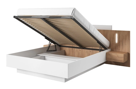 Łóżko Space 160x200 cm z pojemnikiem na pościel i szafkami nocnymi biały / dąb craft złoty zagłówek wzbogacony o oświetlenie LED
