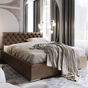 Łóżko tapicerowane Alvorada 160x200 jasny brąz z pojemnikiem w nowoczesnym skandynawskim stylu z pikowanym zagłówkiem