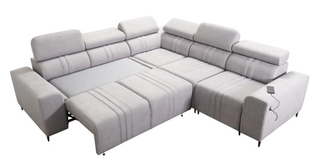 Narożnik z funkcją spania Castel III błękitny prawostronny narożnik z dwoma pojemnikami na pościel regulowane zagłówki