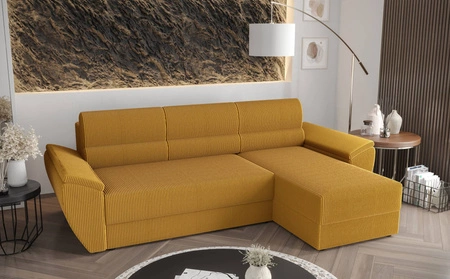 Narożnik z funkcją spania Fogu II miodowy prawostronny stylowy narożnik z komfortowymi podłokietnikami i pojemnikiem na pościel