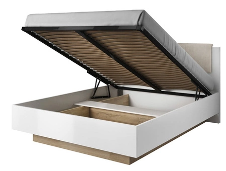 Łóżko z pojemnikiem Adria 160x200 cm biały połysk / dąb grandson nowoczesny design mebla obrzeża wykończone specjalną okleiną ABS