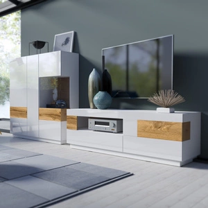 Meblościanka Silke biała / biały połysk / dąb wotan stylowe meble o eleganckim designie bezuchwytowe bryły meblościanka do salonu