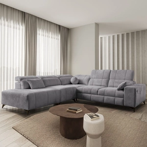 Narożnik z funkcją spania Penejos IX jasny szary lewostronny stylowy narożnik z pojemnikami na pościel wygodne regulowane zagłówki