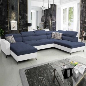 Narożnik z funkcją spania Savona VI granatowy / biały lewostronny komfortowy narożnik do salonu z dwoma pojemnikami na pościel