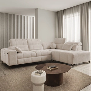 Narożnik z funkcją spania Penejos VII beżowy prawostronny stylowy narożnik z pojemnikiem na pościel wygodne regulowane zagłówki