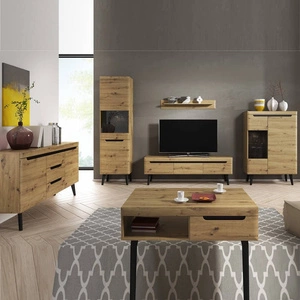 Zestaw mebli Atka dąb artisan / czarny nowoczesny design obrzeża wykończone specjalną okleiną bezpieczne szkło hartowane