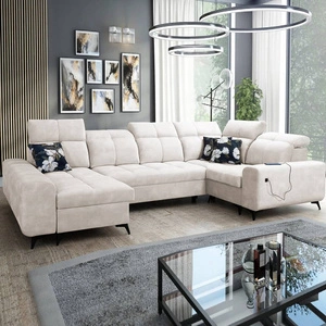 Narożnik z funkcją spania Buffalo IV kremowy lewostronny stylowy narożnik rozkładany z dwoma pojemnikami na pościel welurowa tkanina