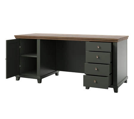 Zestaw mebli Evora butelkowa zieleń / dąb lefkas gustowna stylistyka zachwyci miłośników wyrazistych wnętrz do gabinetu lub biura