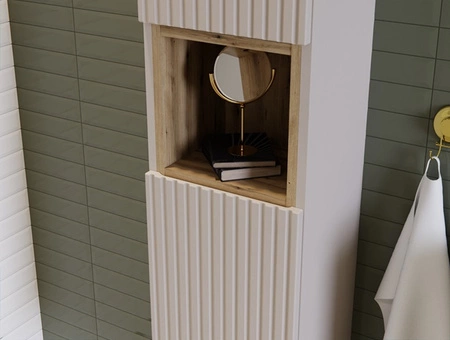 Słupek łazienkowy wiszący Nova 30 cm beżowy solidnie wykonana szafka łazienkowa z gustownym ryflowanym frontem