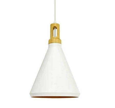 Lampa wisząca Modern 25 cm biała ciekawy design idealna lampa do sypialni metalowy abażur w kształcie stożka zwieńczony drewnem