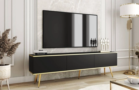 Szafka RTV Luxury 175 cm czarna elegancki design korpus zwieńczony złotą listwą szafka wsparta na złotych metalowych nogach