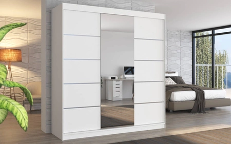 Szafa przesuwna z lustrem Bergen 200 cm biała klasyczna forma dekoracyjne listwy na frontach szafy do sypialni lub przedpokoju