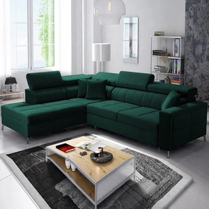 Narożnik z funkcją spania Nausa III butelkowa zieleń lewostronny velvet komfortowy narożnik regulowane zagłówki pojemnik na pościel