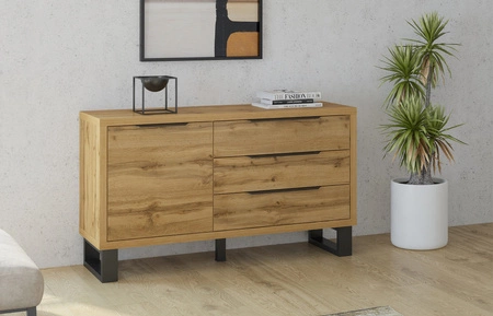 Komoda z szufladami Halle 144 cm dąb wotan funkcjonalna idealna do wnętrz w stylu industrialnym i loftowym stabilna metalowa podstawa