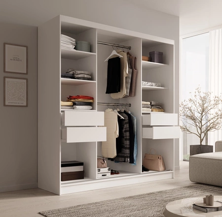 Szafa przesuwna z lustrem Keri 200 cm biała funkcjonalna szafa do nowoczesnego wnętrza dekoracyjne srebrne listwy wewnętrzne szuflady