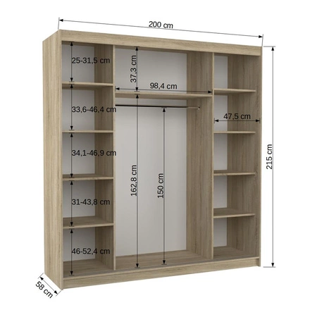 Szafa przesuwna z lustrem Oliver 200 cm dąb sonoma jasny pojemna szafa do sypialni z ozdobnymi listwami ergonomiczny układ wnętrza