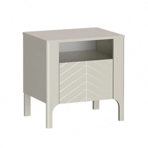 Szafka nocna Malumi beżowa elegancka szafka do sypialni osadzona na wysokiej podstawie front z gustownym wzorem jodełki