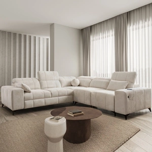 Narożnik z funkcją spania Penejos III kremowy prawostronny niezwykle wygodny i komfortowy narożnik do salonu dwa pojemniki na pościel