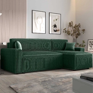 Narożnik z funkcją spania Brandon Bis zielony prawostronny trójwymiarowa tkanina o wyrazistych prążkach pojemnik na pościel