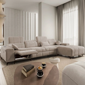 Narożnik z funkcją spania Penejos XII Lux ciemny beżowy prawostronny stylowy narożnik rozkładany z komfortowym wysuwanym podnóżkiem