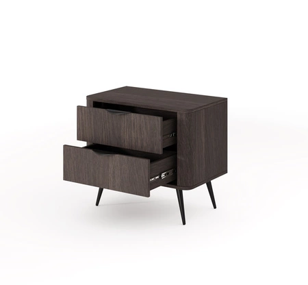 Szafka nocna Veris dąb dunin / czarny nowoczesny design szafki do sypialni zaoblony kształt modne uchwyty krawędziowe metalowe nogi
