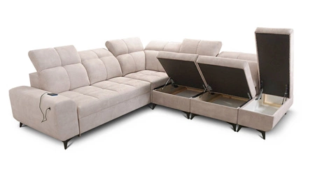 Narożnik z funkcją spania Buffalo IX niebieski prawostronny stylowy narożnik do pokoju wykonany z welurowej tkaniny ozdobne poduszki