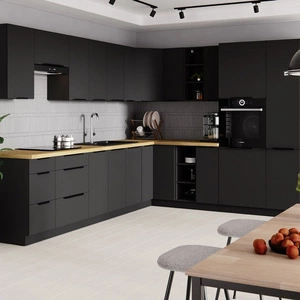 Zestaw mebli kuchennych narożny Black 310x250 cm metalowe uchwyty krawędziowe szafki doskonale prezentują się w nowoczesnych wnętrzach