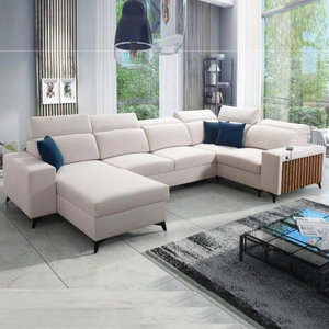 Narożnik z funkcją spania Kelly IV kość słoniowa lewostronny velvet komfortowy narożnik regulowane zagłówki bok wykończony lamelami