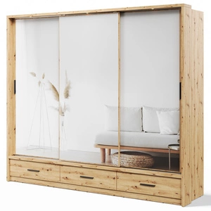 Szafa przesuwna z lustrem Arti 250 cm dąb artisan funkcjonalna szafa do przedpokoju z szufladami duże lustra podkreśla oświetlenie LED