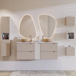 Zestaw mebli łazienkowych Nova beżowy / biały stylowe szafki z gustownym pionowym ryflowaniem podkreślone subtelną kolorystyką